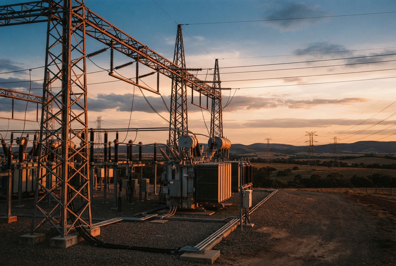 Outdoor electrical substation with transformers and transmission towers at sunset.